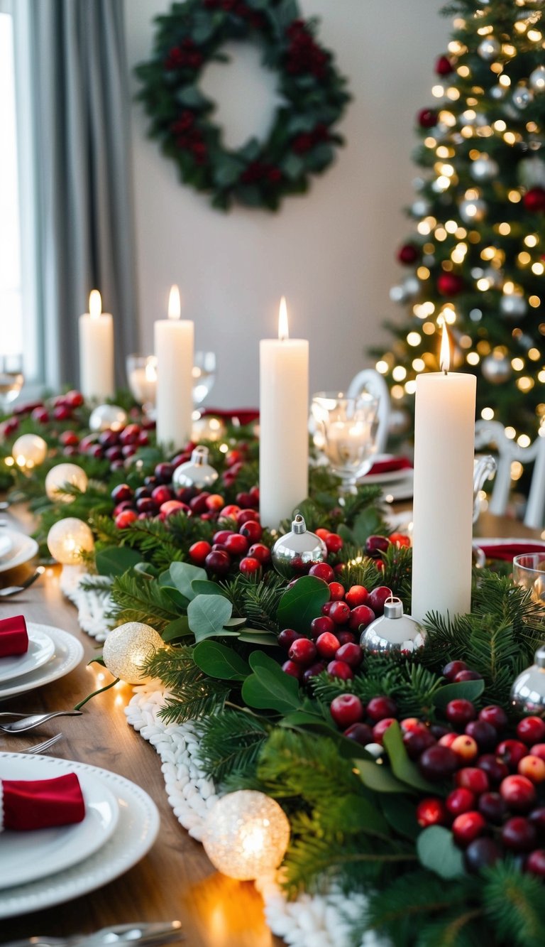 A festive table adorned with a lush garland of cranberries and eucalyptus, accented with twinkling lights and silver ornaments