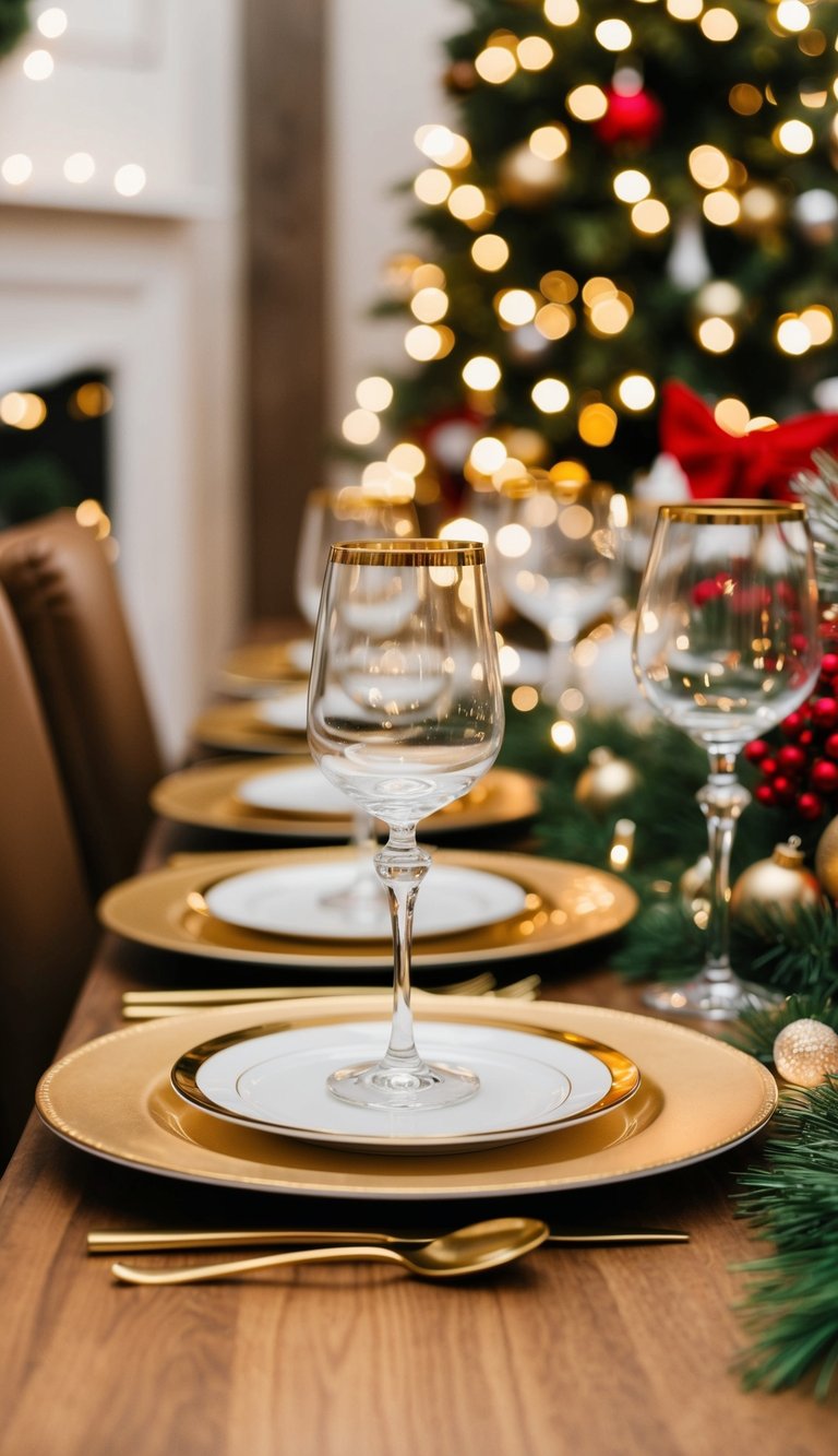 A table set with gold-rimmed glassware, surrounded by festive Christmas decorations and twinkling lights