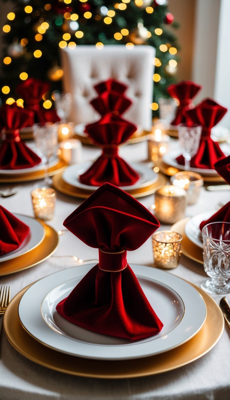 A festive table set with red velvet ribbon napkin holders, surrounded by elegant Christmas decorations and twinkling lights