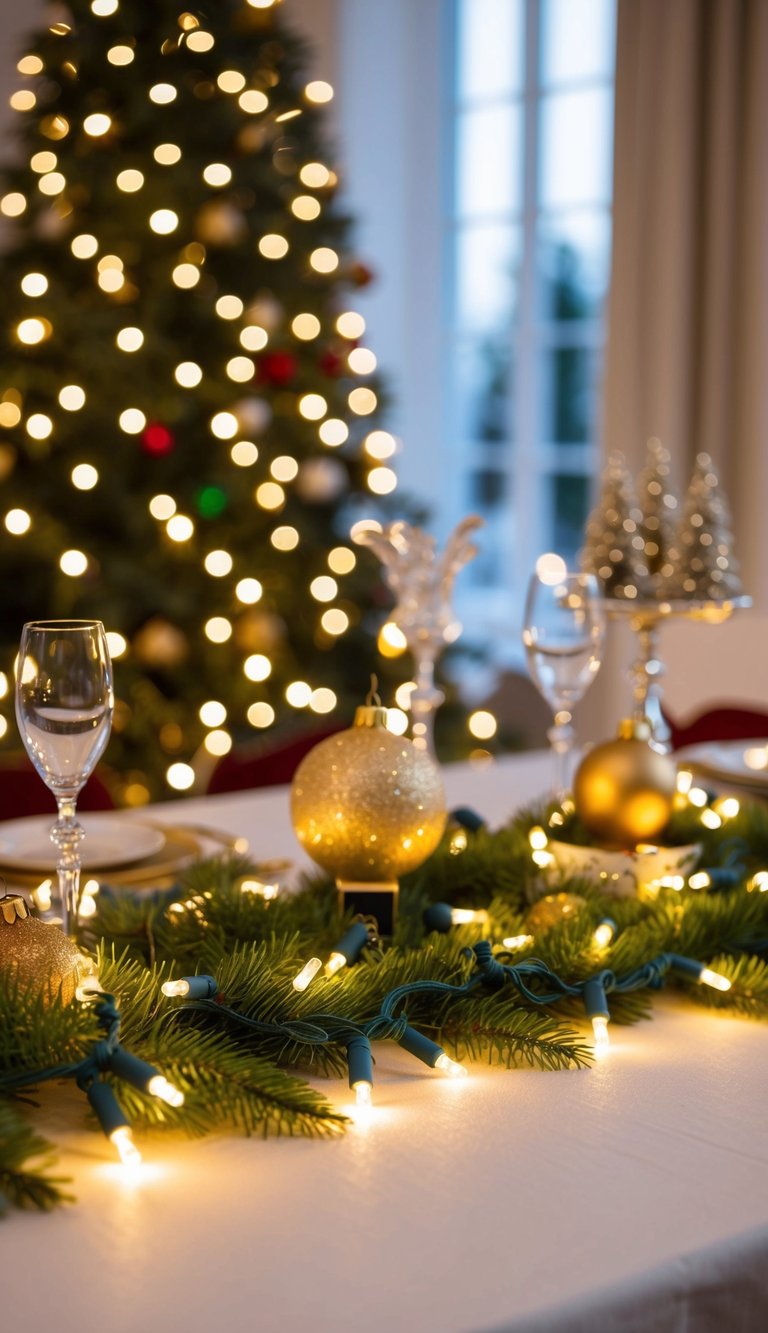 Twinkling LED fairy lights adorn a festive Christmas table with elegant decor and holiday ornaments