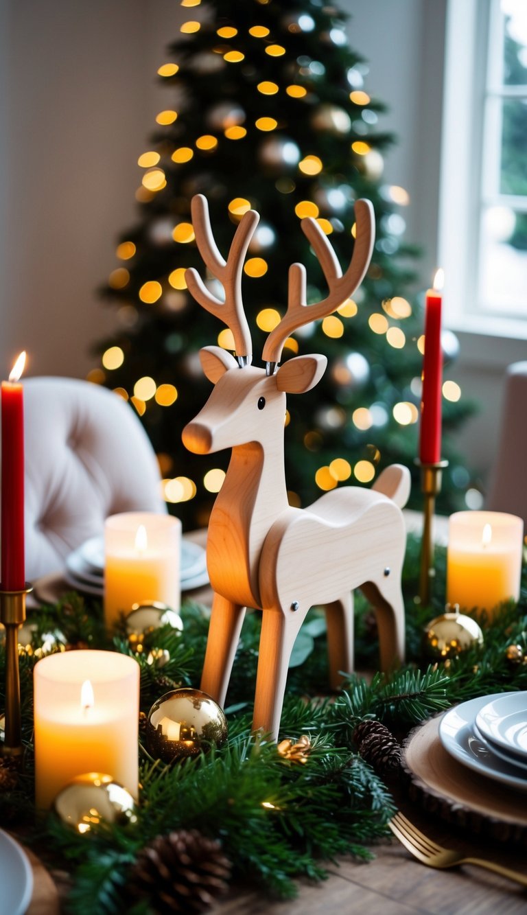 A wooden reindeer surrounded by festive table decor, adorned with candles, greenery, and twinkling lights