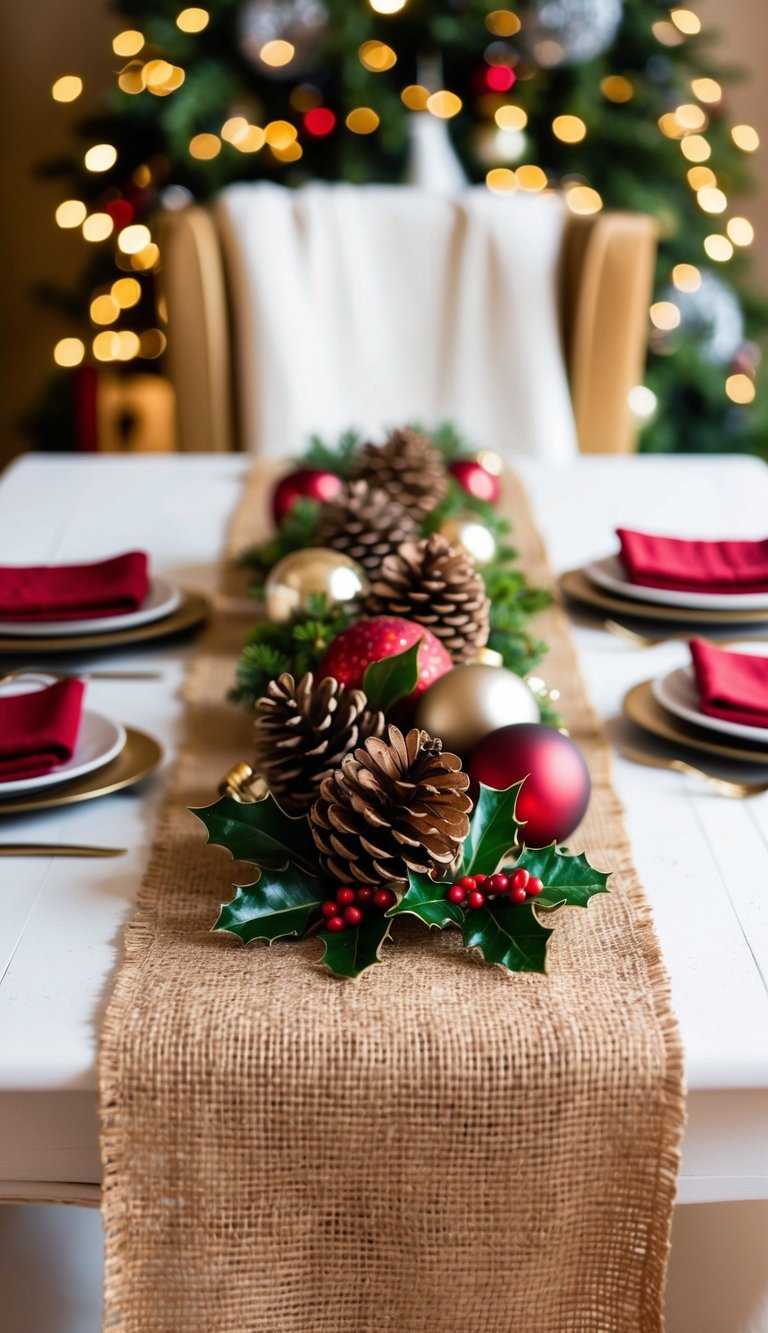 A rustic burlap table runner adorned with pinecones, holly, and festive ornaments, set against a backdrop of a beautifully decorated Christmas table