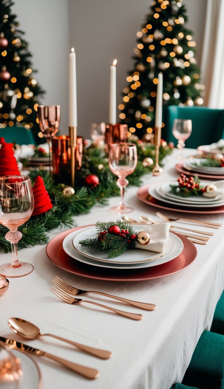 A beautifully set Christmas table with rose gold cutlery and festive decor