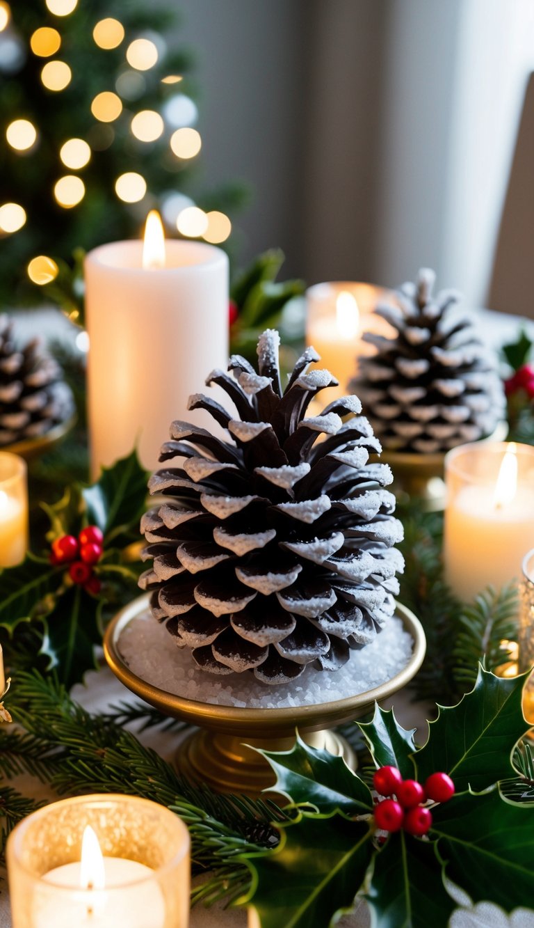 A frosted pinecone centerpiece surrounded by twinkling candles and holly branches on a festive Christmas table