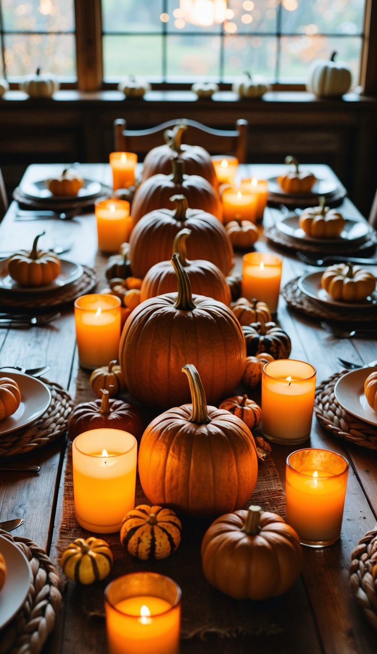 A rustic wooden table adorned with pumpkin centerpieces and flickering candles, creating a cozy and inviting atmosphere for an autumn gathering