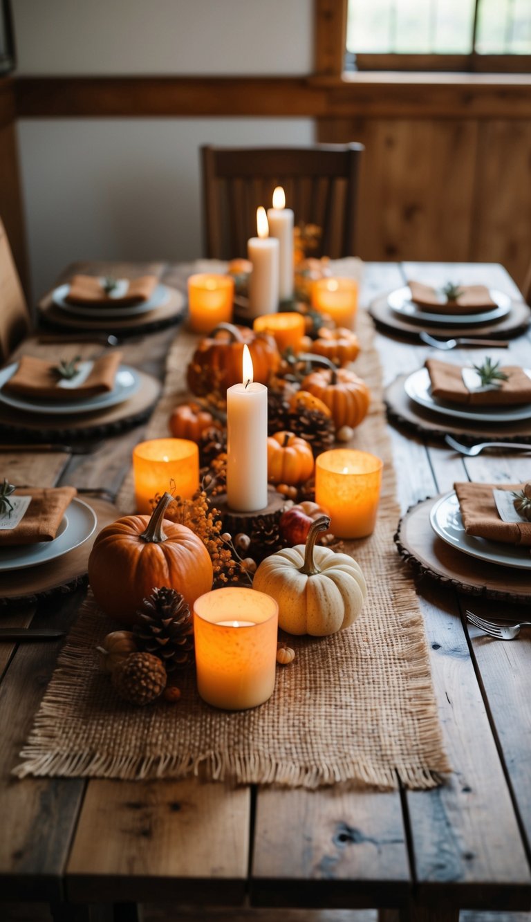 A wooden table set with rustic burlap runners, adorned with autumnal decor and warm candlelight