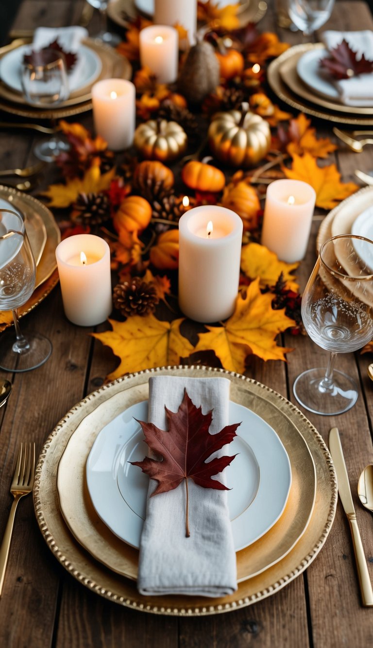 A rustic wooden table adorned with gold and white dinnerware, surrounded by autumn leaves and candles, creating a cozy fall tablescape