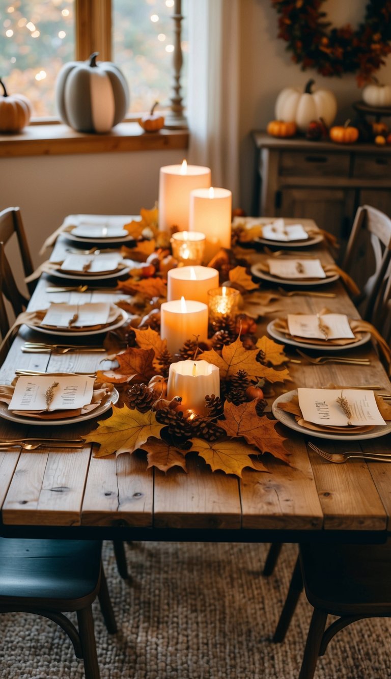 A rustic wooden table adorned with DIY leaf garlands, surrounded by cozy fall decor and warm lighting for an autumn gathering