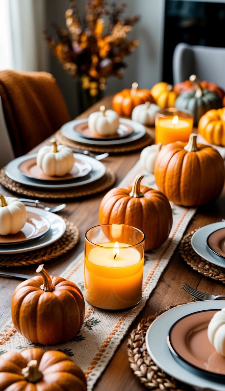 A table set with pumpkin spice scented candles, surrounded by cozy fall decor for an autumn gathering