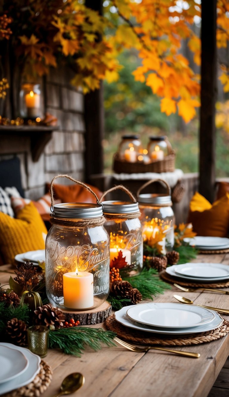 A rustic table adorned with mason jar lanterns, surrounded by autumn foliage and cozy decor