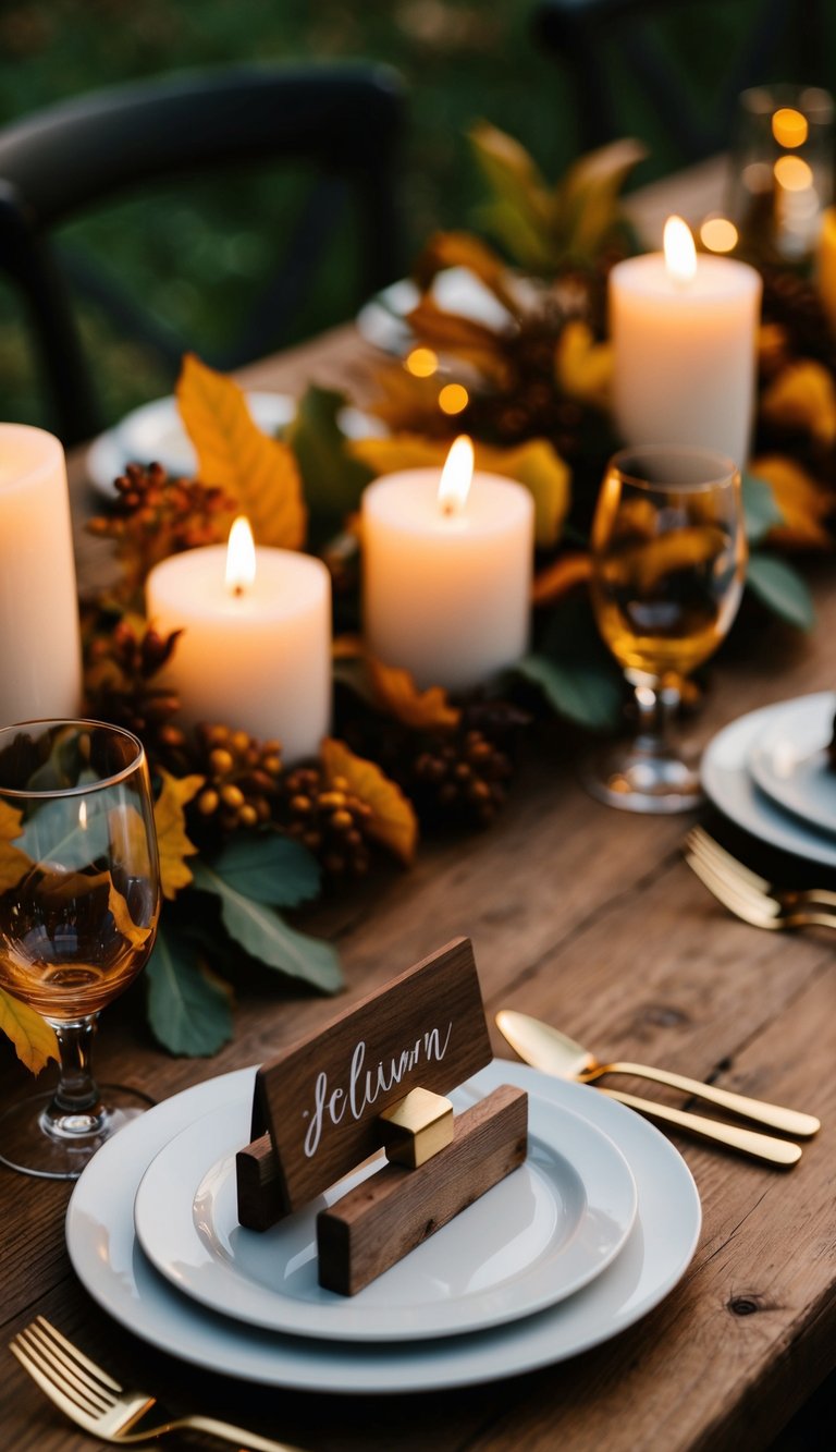 A rustic table set with wooden place card holders, surrounded by autumn foliage and warm candlelight