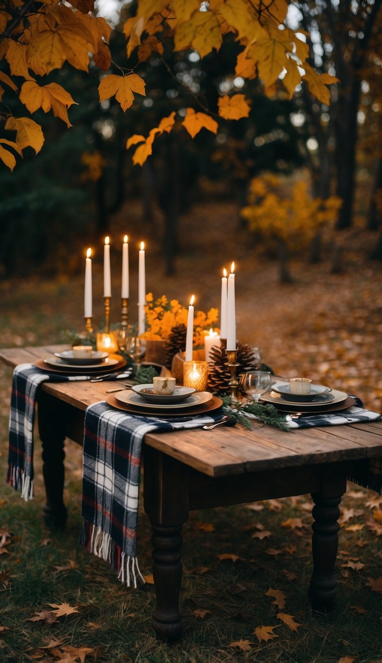 A rustic wooden table adorned with plaid table throws, surrounded by autumn foliage and warm candlelight