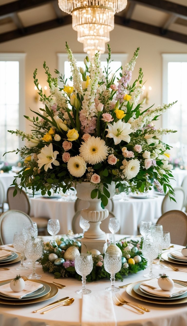 A grand floral centerpiece surrounded by elegant table settings, exuding a festive and inviting atmosphere for a memorable Easter celebration