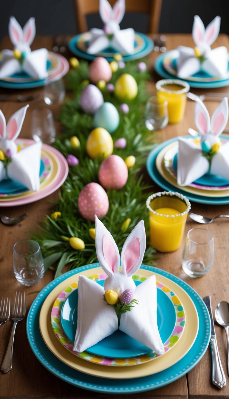 A table set for Easter dinner with bunny-shaped napkin folds at each place setting. Colorful plates and spring decorations complete the festive scene