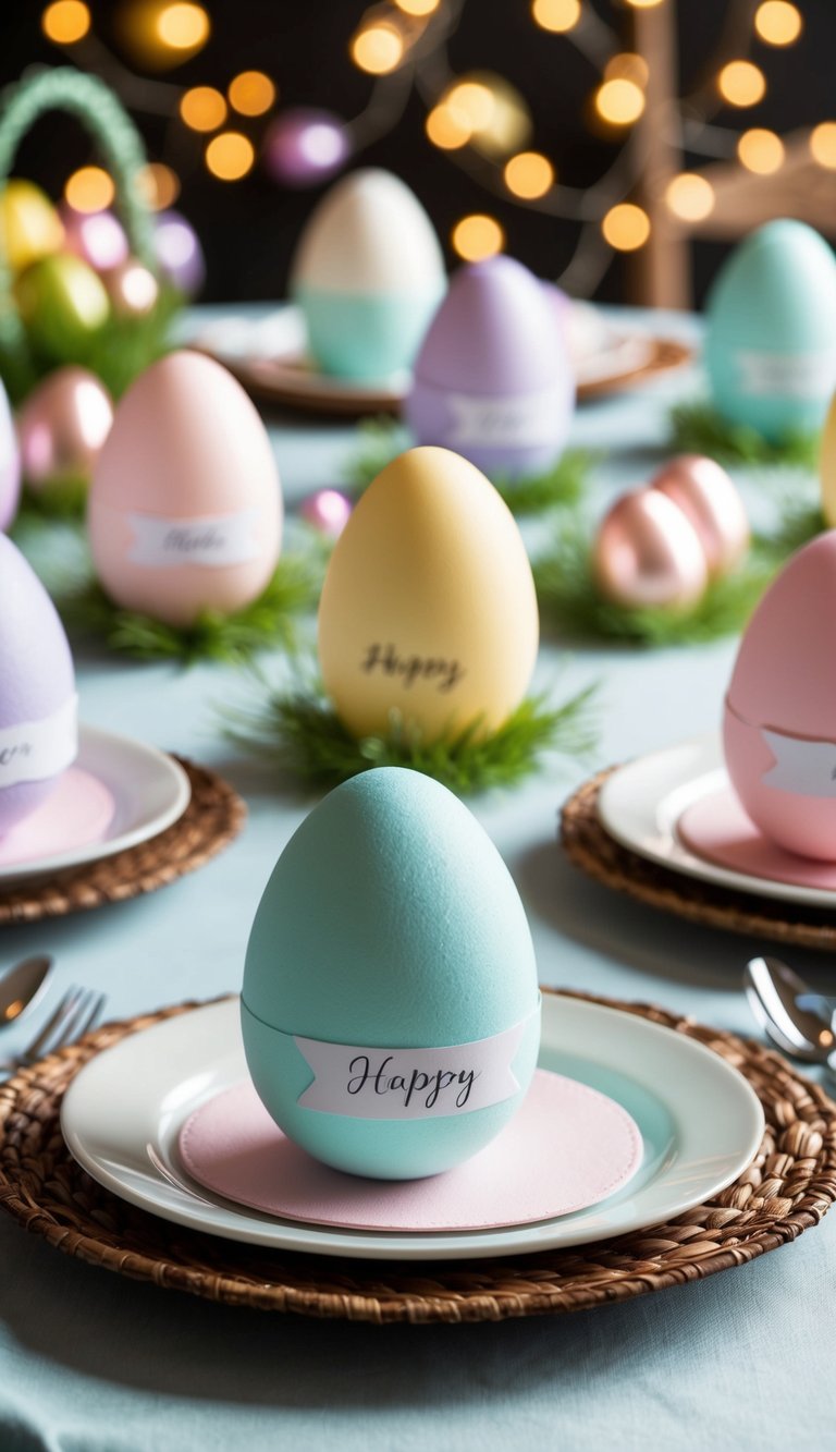 A table set with pastel-colored egg place cards, surrounded by festive Easter decorations