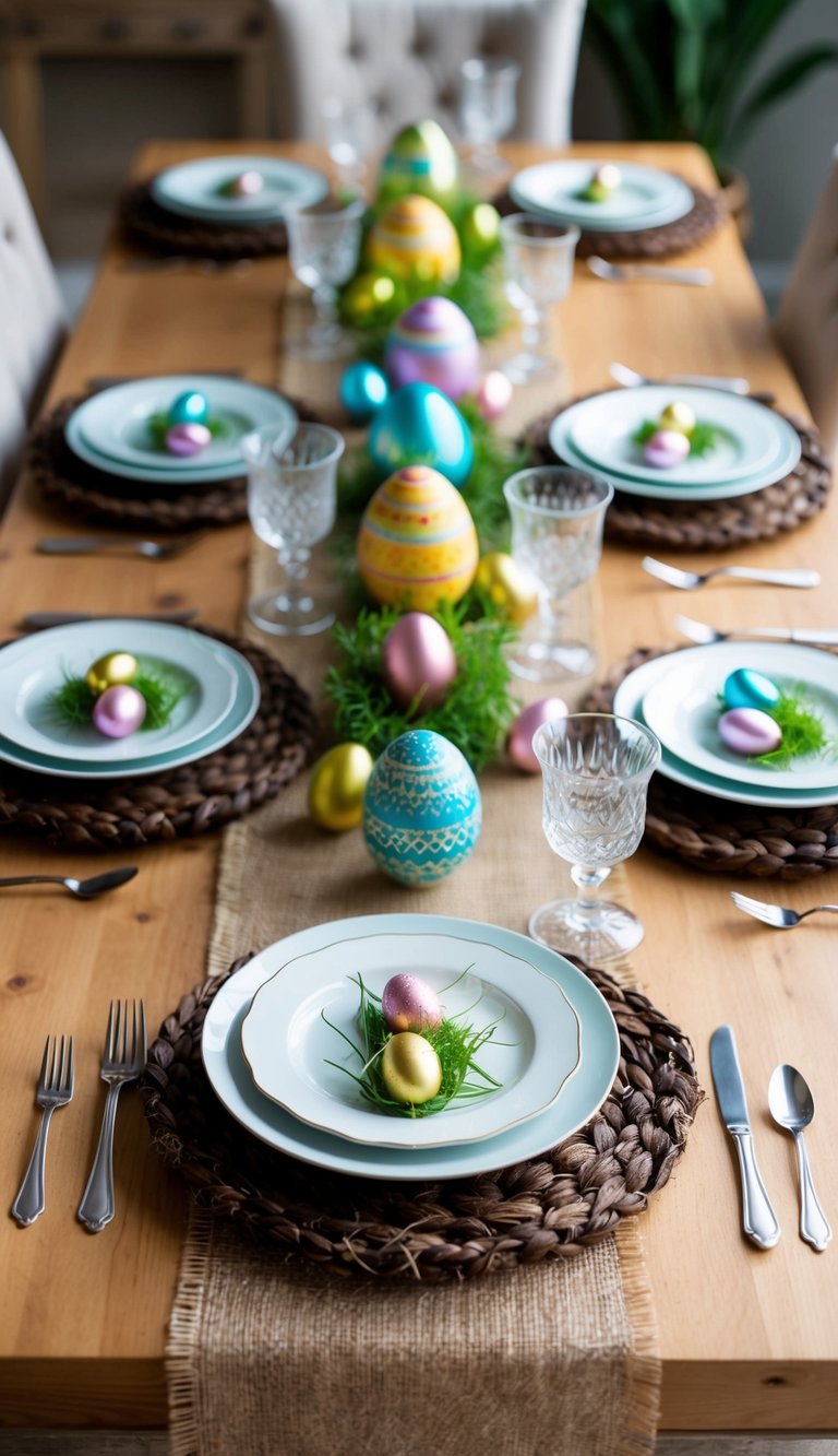 A table set with rustic burlap runners, adorned with 12 Easter place settings, featuring vibrant colors and elegant decor
