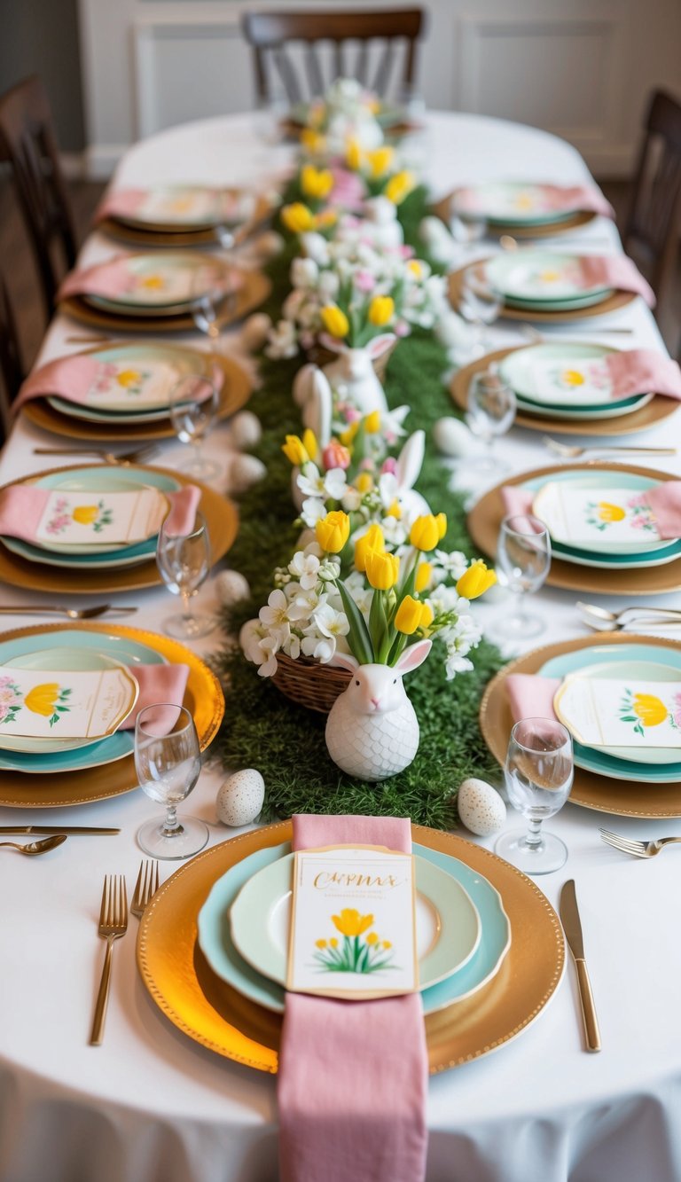 A table set with 12 spring-themed chargers, adorned with blossoms and Easter decor, creating a stunning and inviting atmosphere for guests