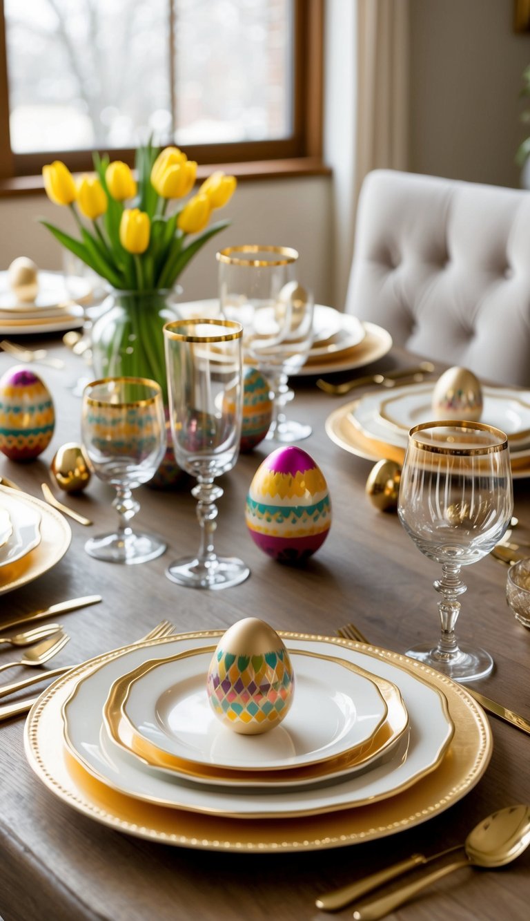 A table set with gold-rimmed glassware and elegant Easter place settings