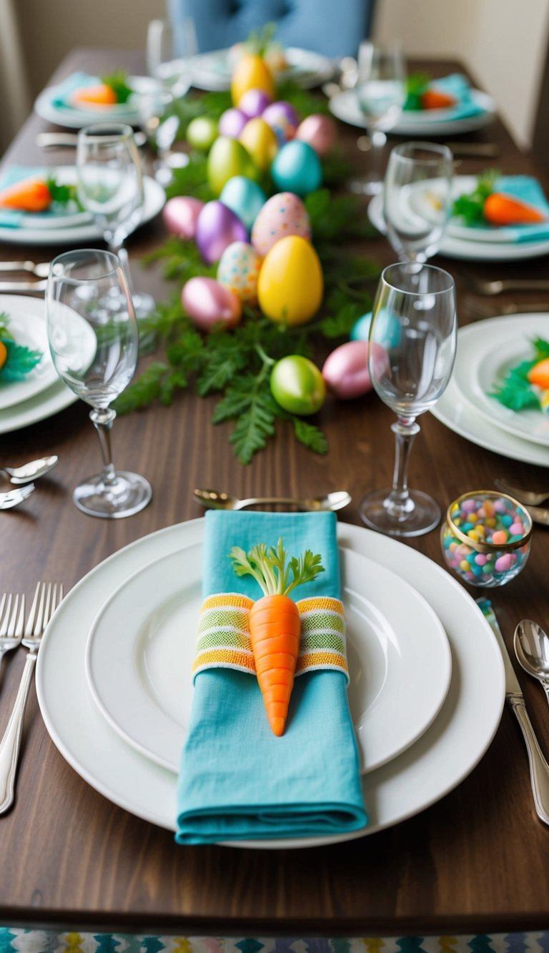 A beautifully set table with chic carrot napkin rings, colorful Easter decorations, and elegant place settings