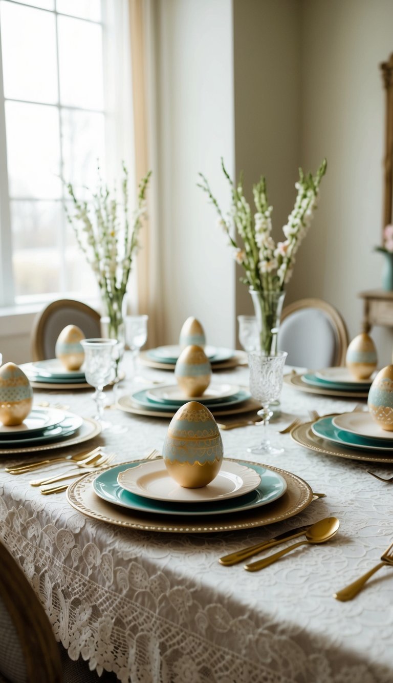 A table set with vintage lace tablecloths and 12 elegant Easter place settings