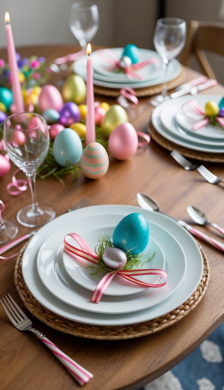 A table set with whimsical ribbon cutlery and Easter-themed decorations