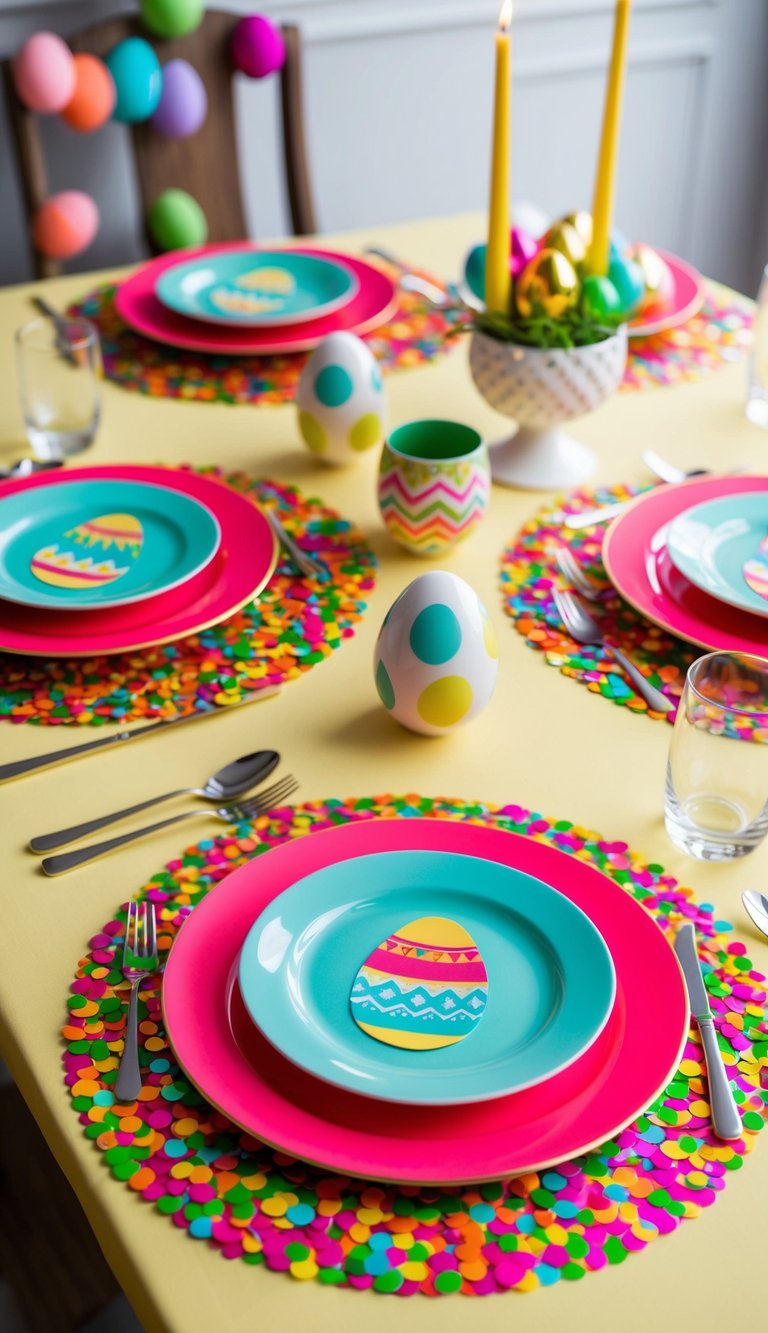 Bright, festive placemats adorned with confetti and Easter motifs set on a table with coordinating tableware and decor