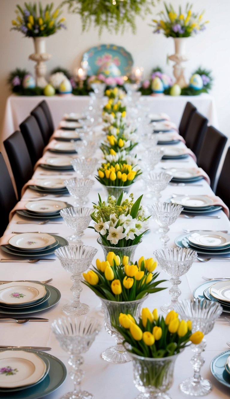 A long dining table adorned with 12 elegant crystal vases filled with spring flowers, set against a backdrop of beautifully arranged Easter table settings