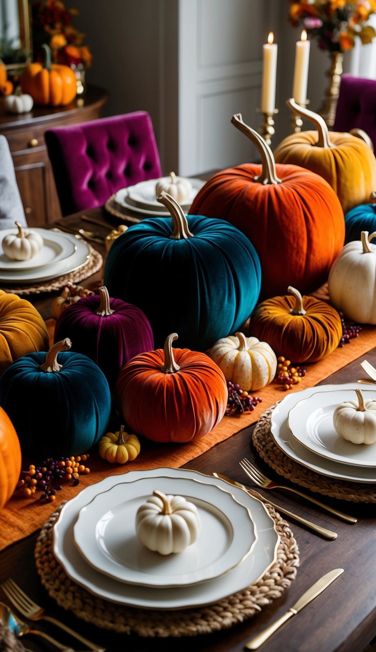 A Thanksgiving table adorned with rich velvet pumpkins in various sizes and colors, complemented by elegant tableware and autumnal accents
