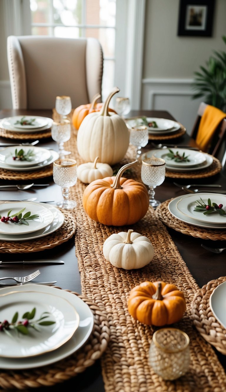 A beautifully set Thanksgiving table with woven table runners, adorned with modern and elegant decor trends