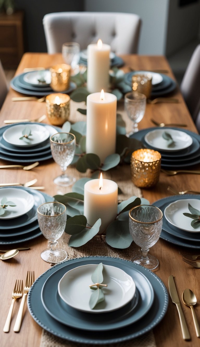 A table set for Thanksgiving with eucalyptus candle rings as the centerpiece, surrounded by other trendy decor items