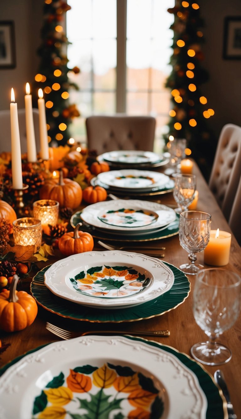 A festive table set with hand-painted ceramic plates, surrounded by autumnal decor and warm candlelight