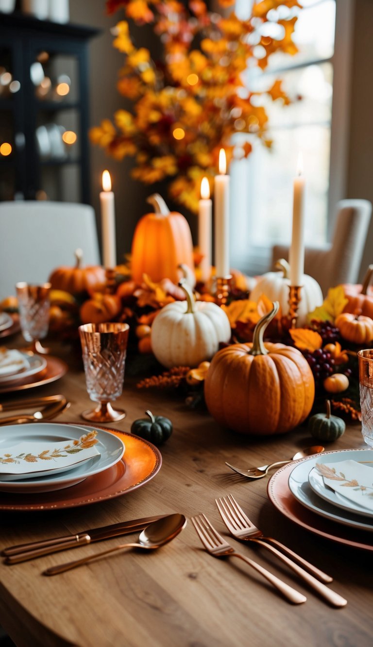 A Thanksgiving table set with copper flatware, surrounded by autumn-themed decor and warm lighting