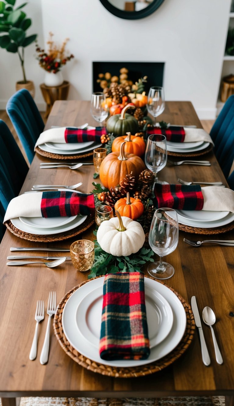 A festive Thanksgiving table set with plaid wool napkins, surrounded by modern decor trends