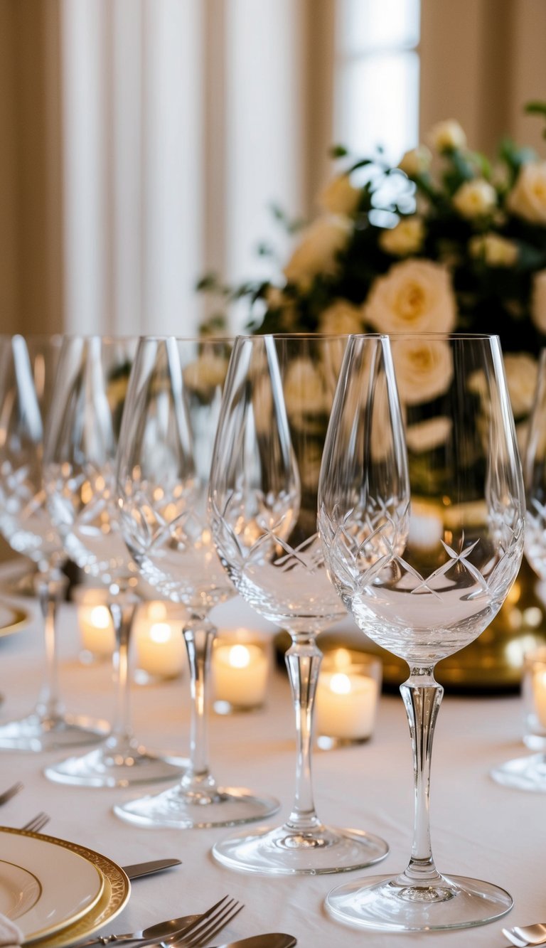 Ten crystal wine glasses arranged on a formal dining table with elegant table settings for a luxury event