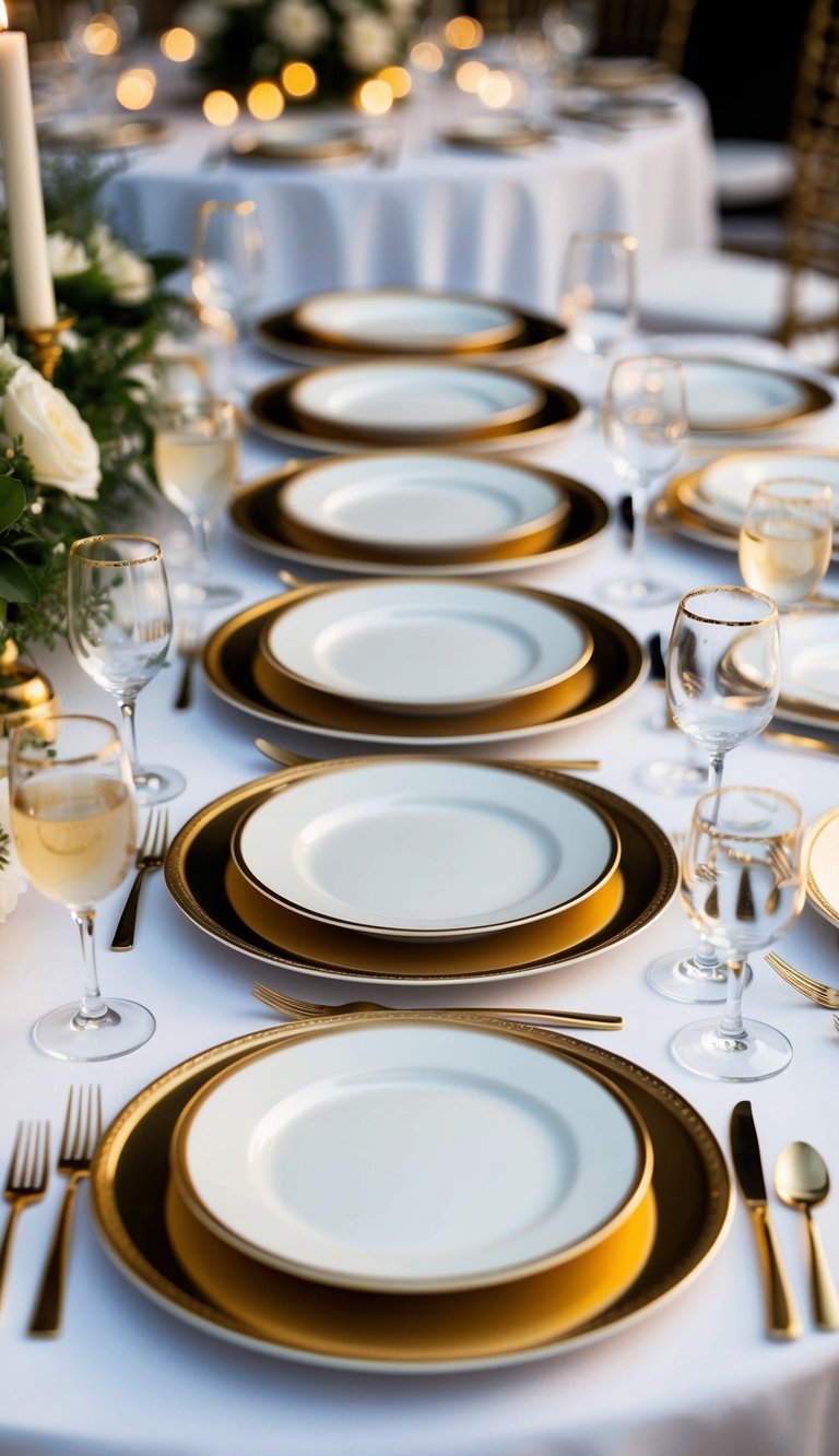 Ten gold-rimmed dinner plates arranged on an elegant table setting for a luxury event