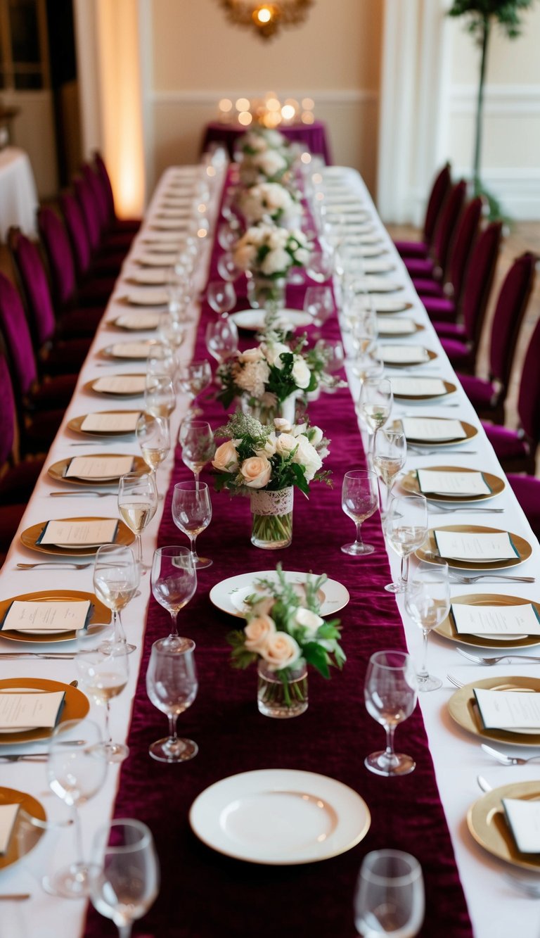 A long table adorned with velvet runners, set with elegant place settings for a luxury event