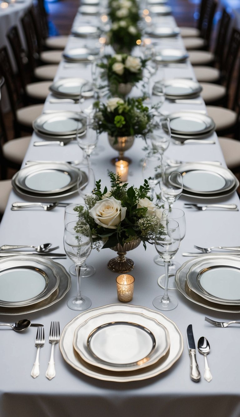 Ten elegant table settings with handcrafted silver cutlery arranged on a luxurious dining table for a high-end event