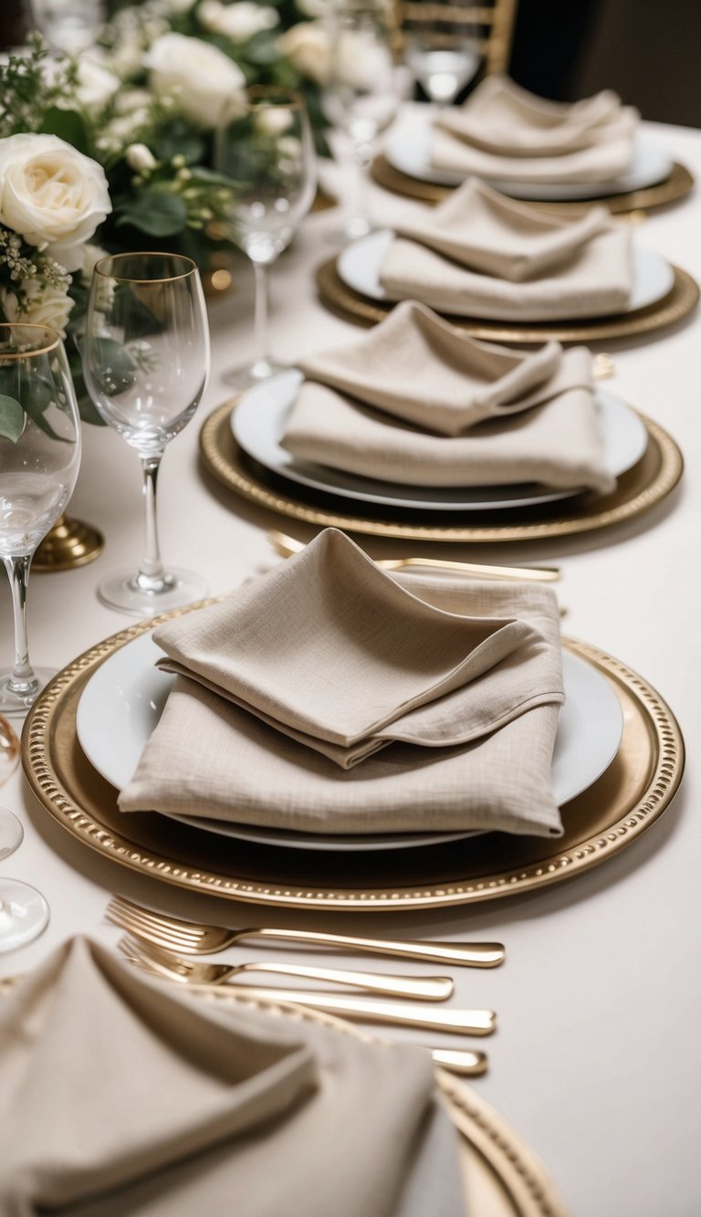 Ten ivory linen napkins arranged on elegant table settings for a luxury event