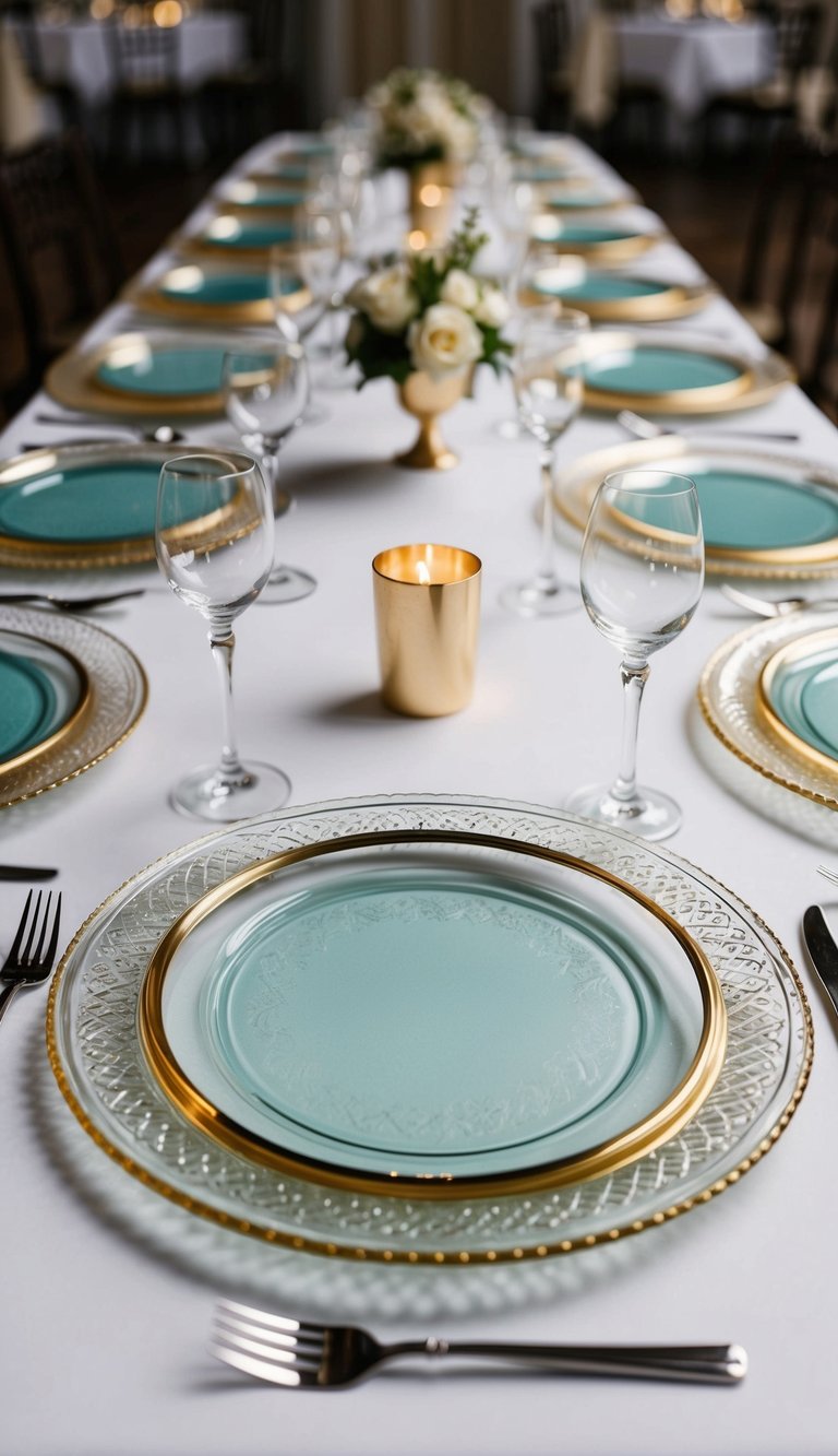 Ten ornate glass charger plates arranged in an elegant table setting for a luxury event