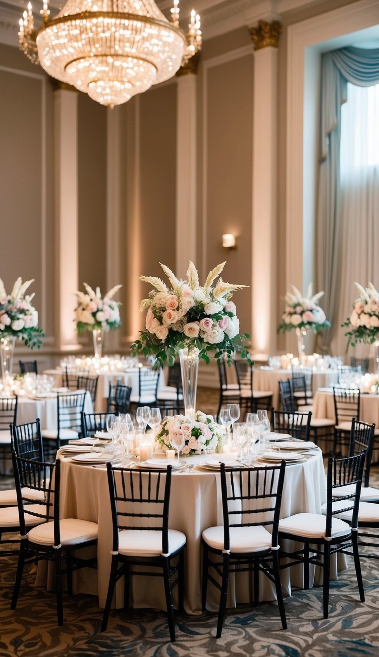 A grand ballroom with silk floral centerpieces adorning ten elegant table settings for a luxury event