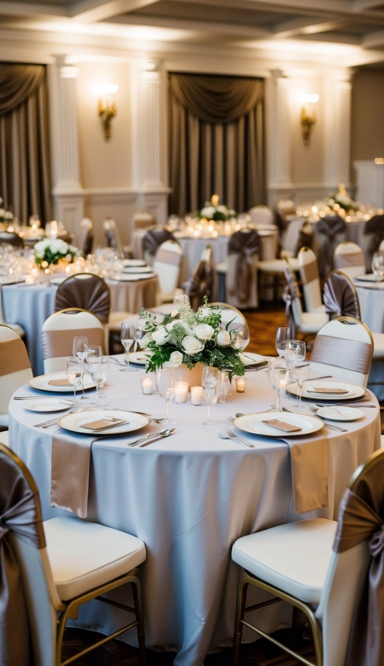 Ten tables set with satin chair sashes, elegant place settings, and luxurious decor for a high-end event