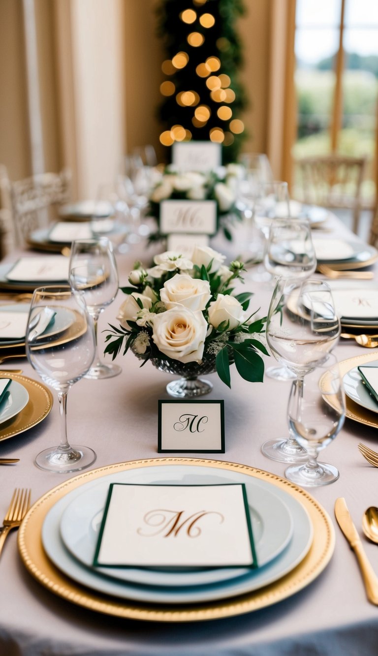 Ten elegant place settings with monogrammed place cards arranged on a luxurious table