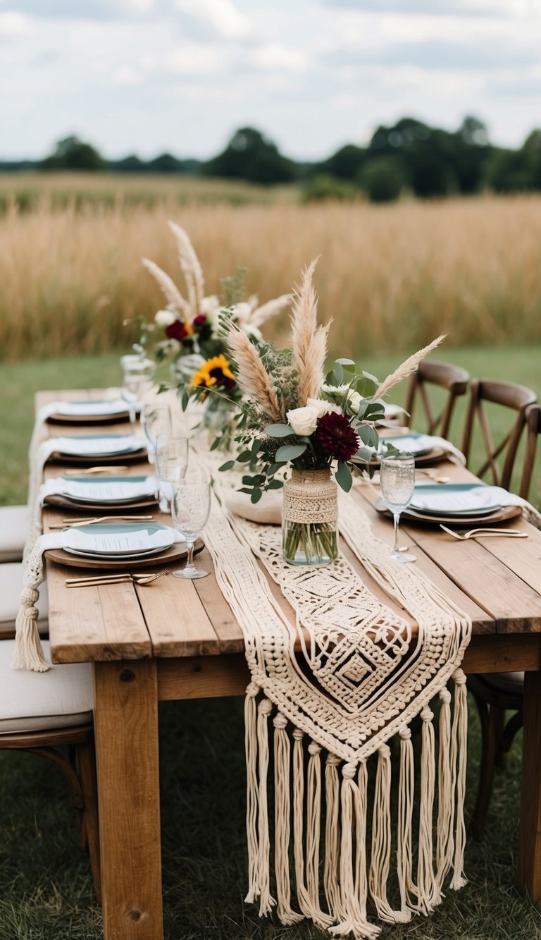 A rustic wooden table adorned with macrame runners and bohemian decor, set outdoors for a relaxed wedding celebration