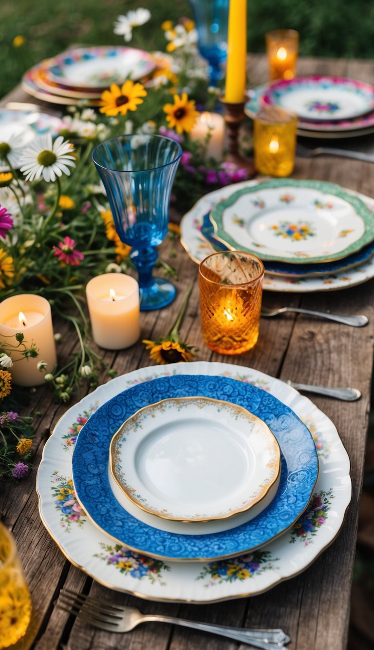 Mismatched vintage china plates and colorful glassware arranged on a rustic wooden table, surrounded by wildflowers and candles