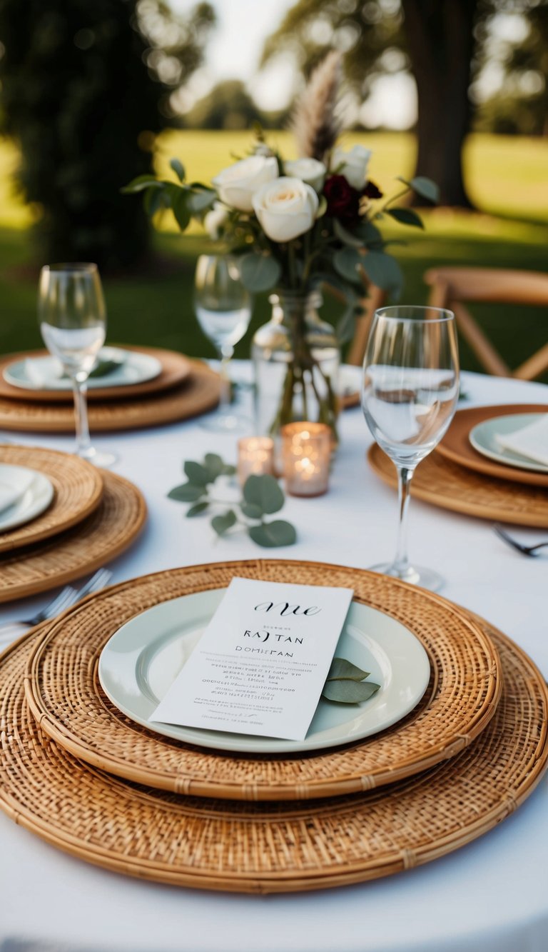 Rattan charger plates arranged with bohemian decor on a wedding table