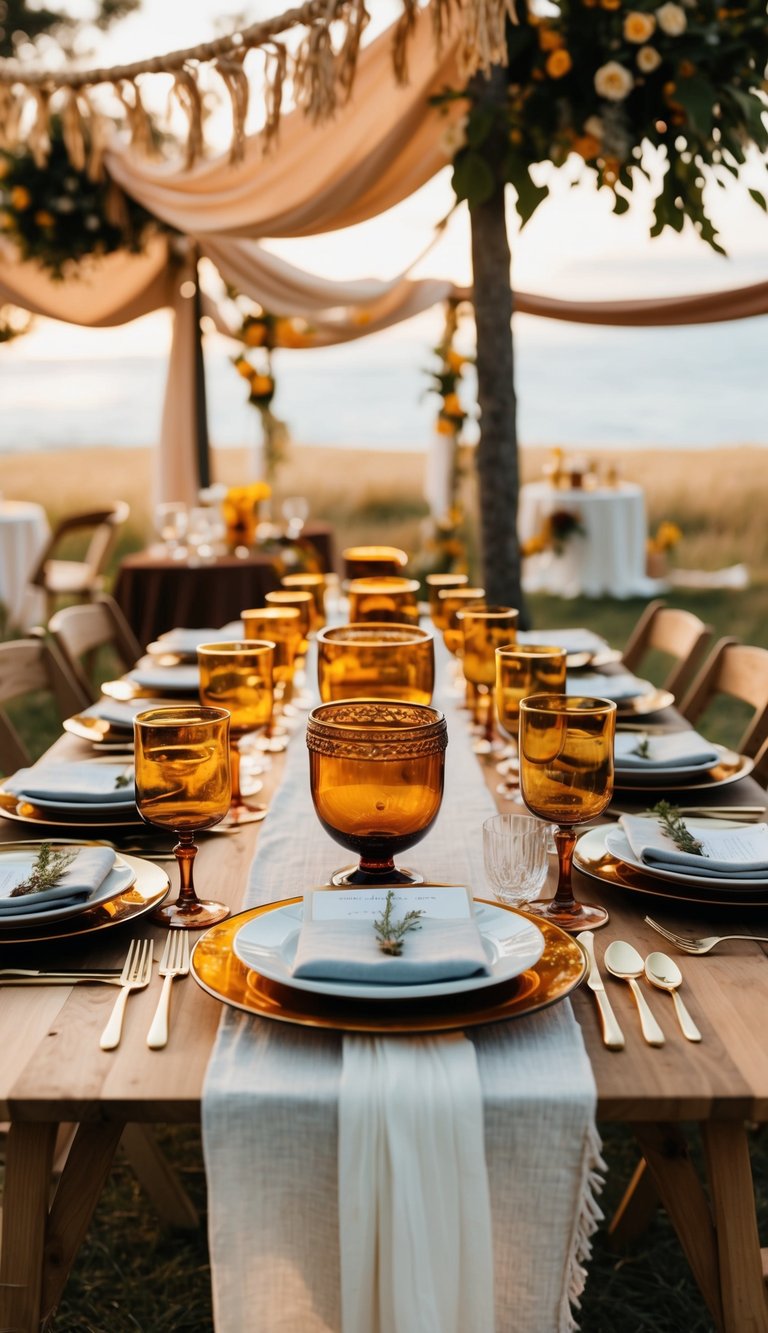 A table set with amber glassware, surrounded by bohemian decor for a relaxed wedding celebration