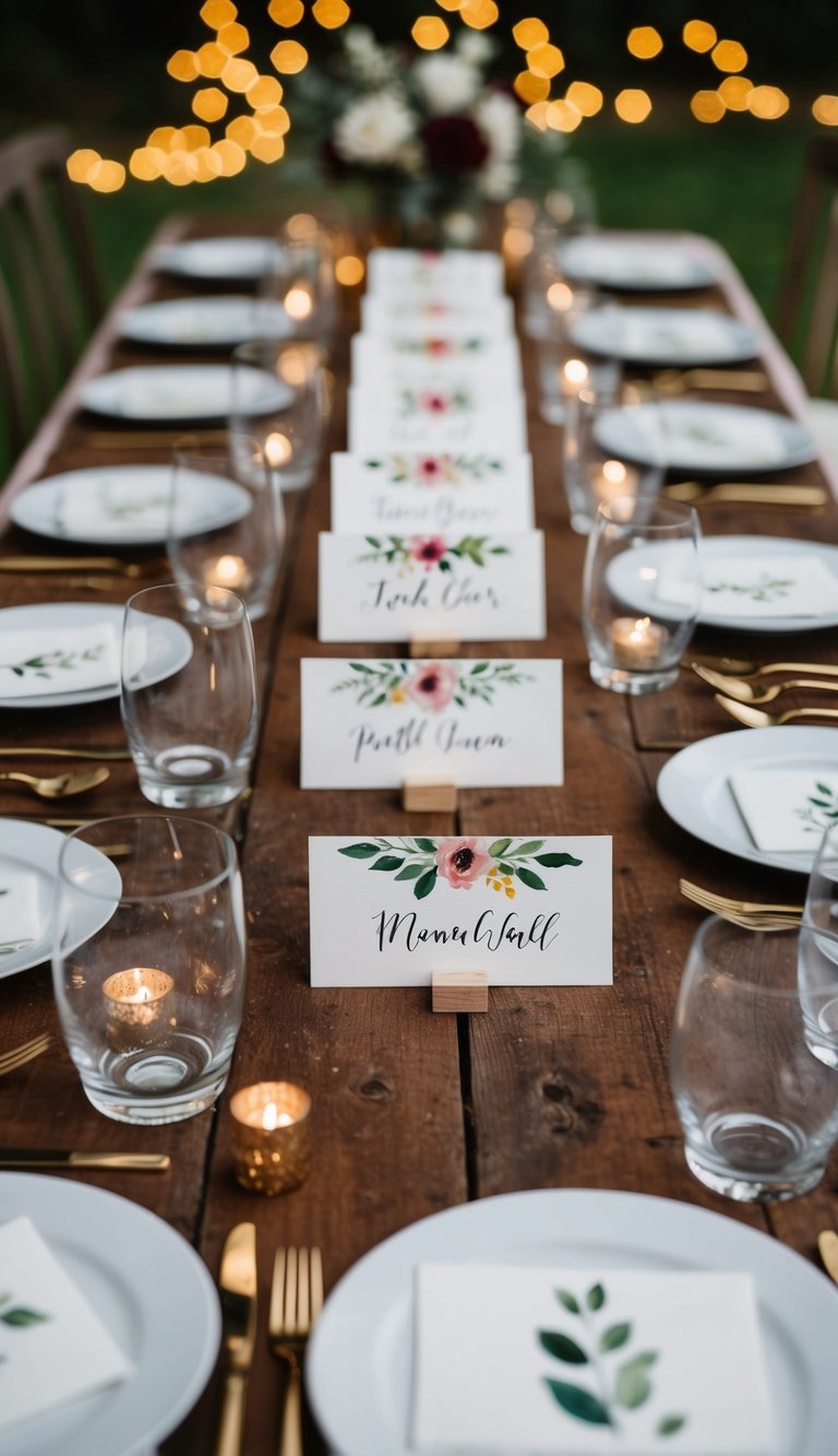 Hand-painted place cards arranged on a rustic table with bohemian wedding decor