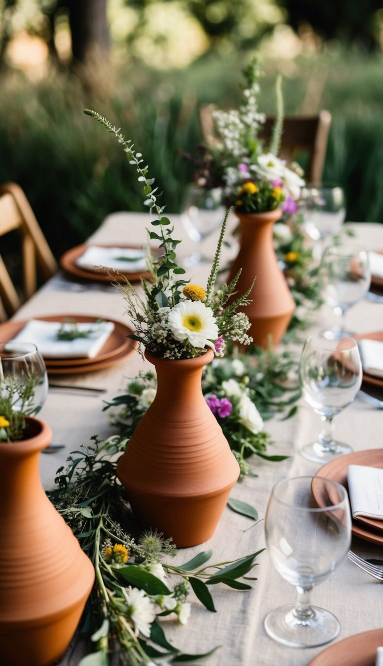 A rustic table adorned with terracotta vases, filled with wildflowers and greenery, creating a bohemian atmosphere for a laid-back wedding celebration