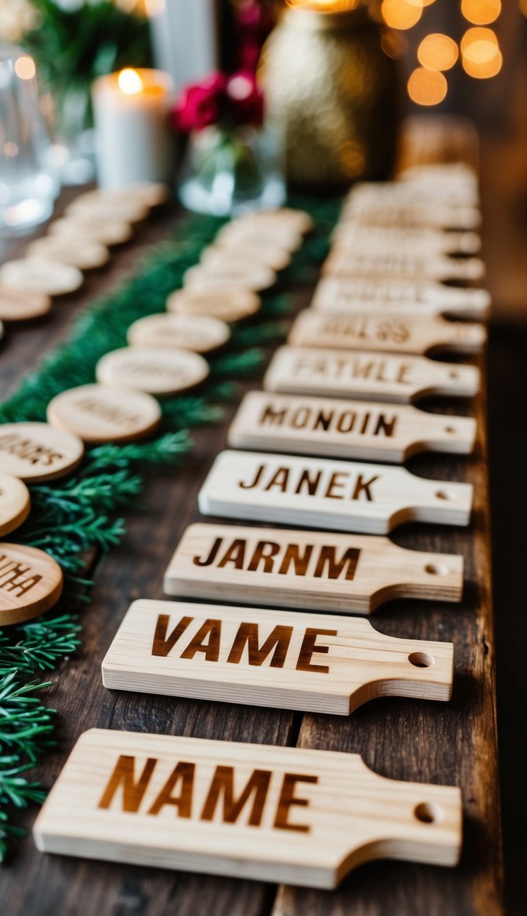 Wooden name tags arranged on a rustic table with bohemian decor