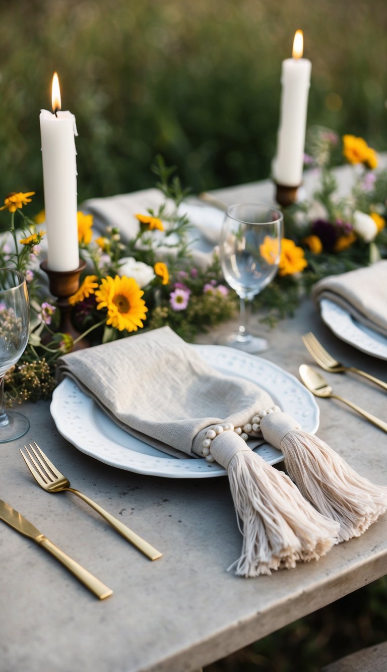 Linen napkins with tassels arranged on a rustic table with wildflowers and candles